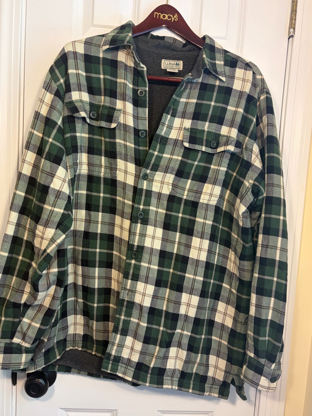 L.L. Bean Green and White Plaid Button-Down Flannel Shirt